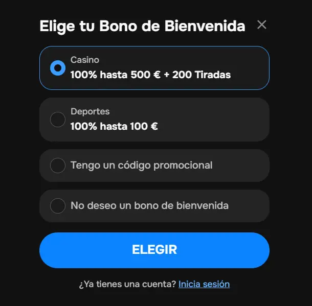 Elige tu bono de bienvenida